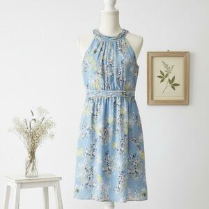 ESPRIT| Blue, White & Yellow Floral Gathered Feminine Halter Party Dress Sz 8